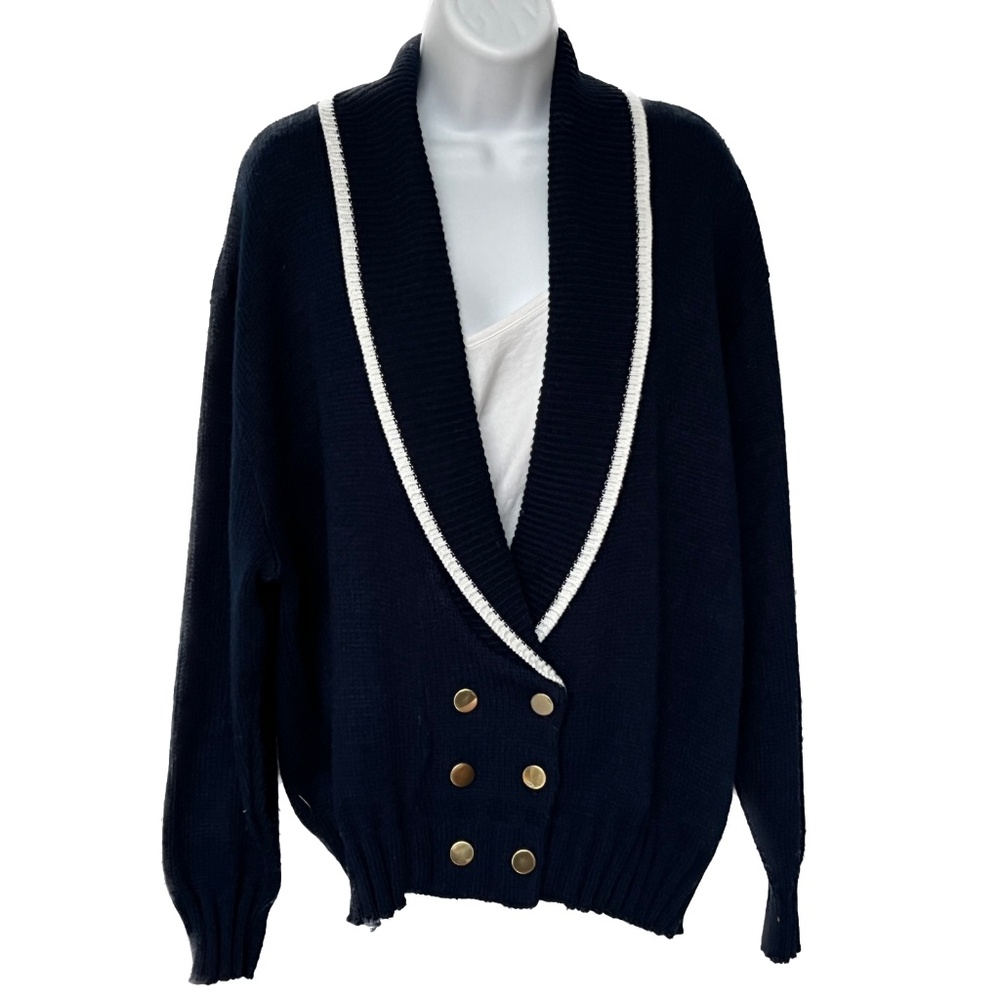 Vintage 90s Image Cardigan Sweater Blue Shawl Collar Double Breasted Size XL